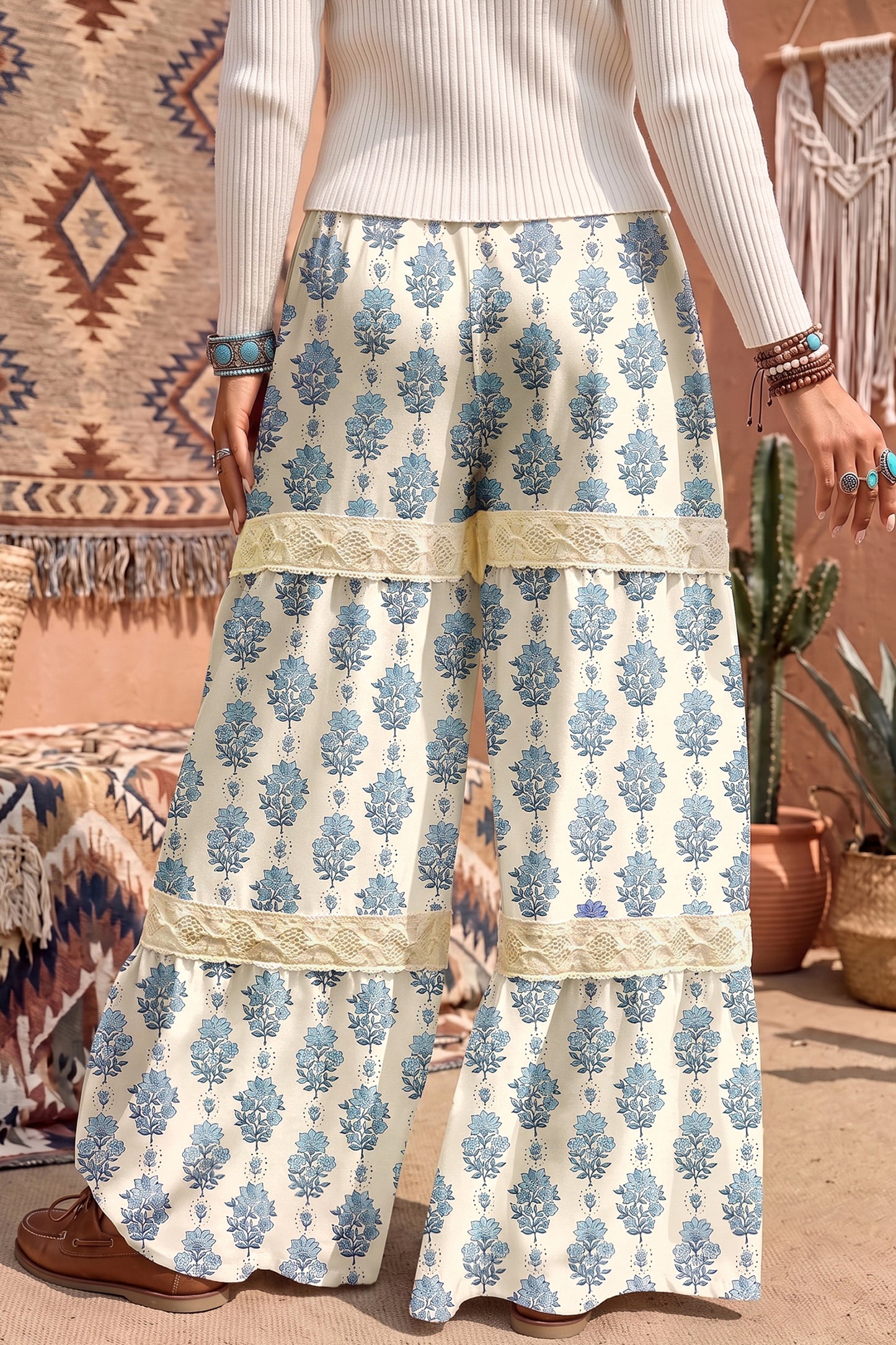 Sky Blue Floral Print Lace Patchwork Detail Wide Leg Pants