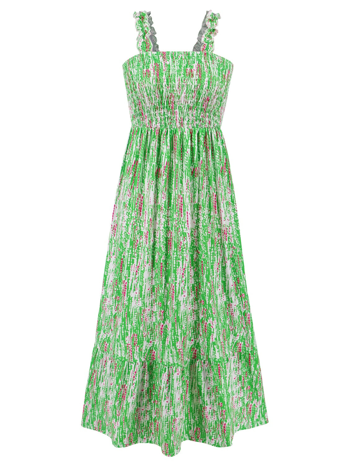 Smocked Printed Square Neck Sleeveless Dress BLUE ZONE PLANET