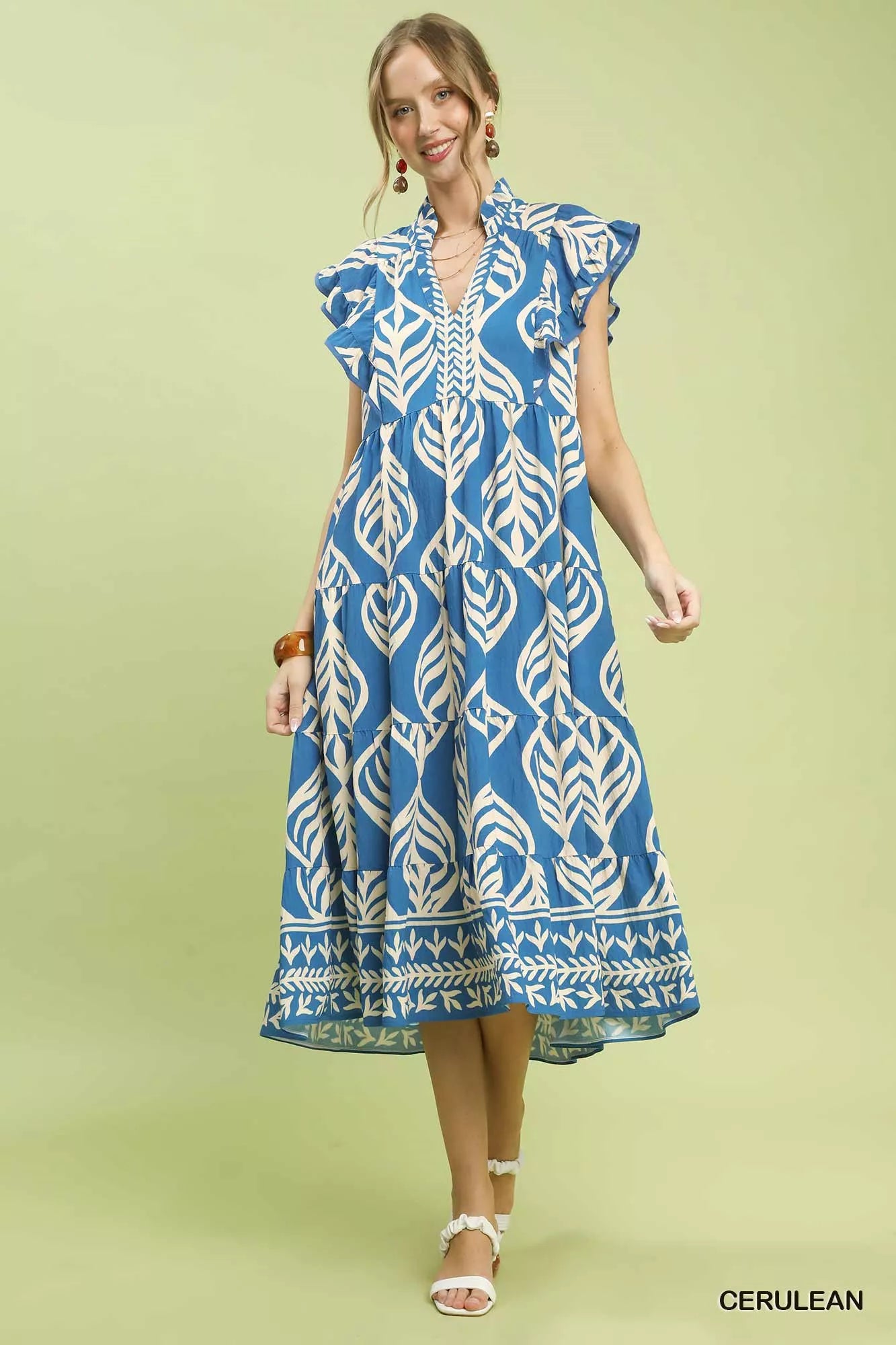 Umgee Leaf Print Tiered Midi Dress with Pockets CERULEAN / S Umgee Leaf Print Tiered Midi Dress with Pockets CERULEAN / S