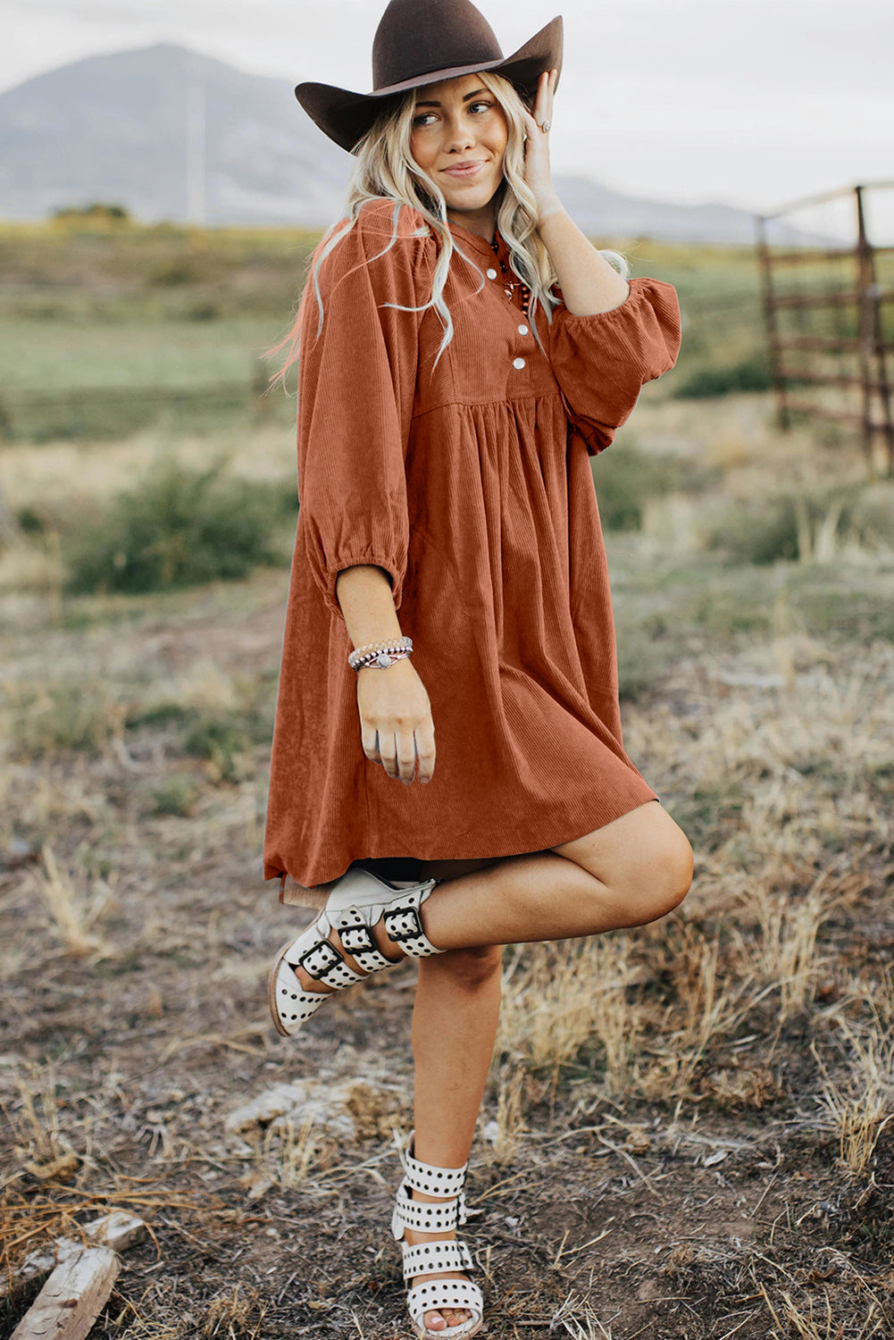 Corduroy Snap Buttons Empire Waist Bracelet Sleeve Dress - Sunny Angela Gold Flame / XL
