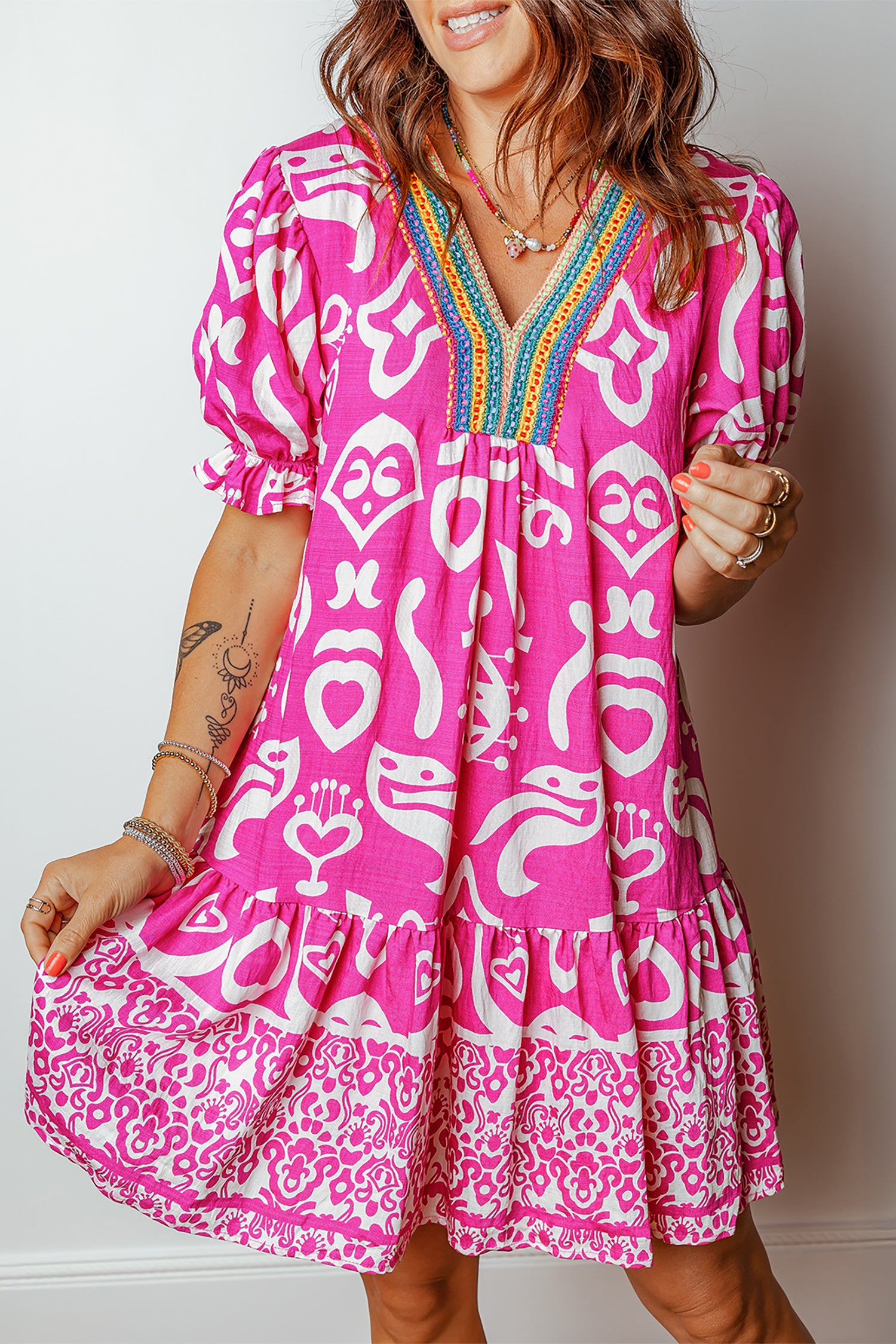 Rose Boho Mixed Print Contrast Trim V Neck Short Sleeve Flared Dress Rose / L / 89%Viscose+11%Polyamide by Blue Zone Planet