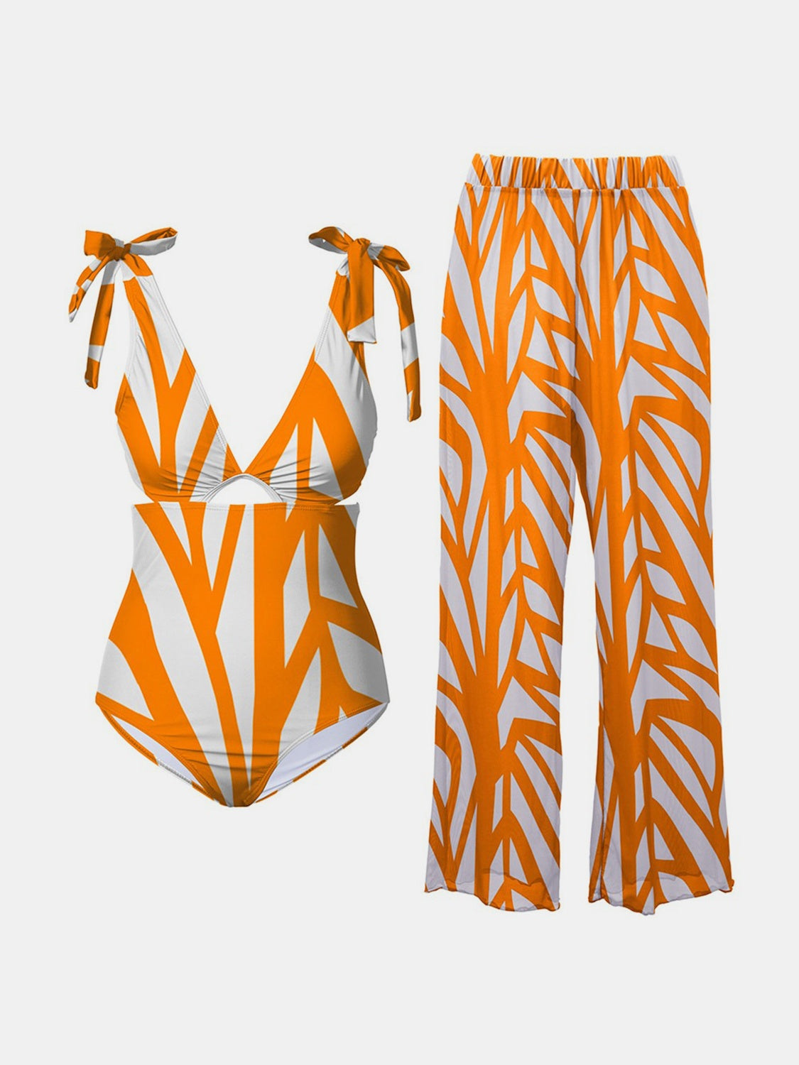 Blue Zone Planet | Printed Tie Shoulder Swimwear and Pants Swim Set BLUE ZONE PLANET