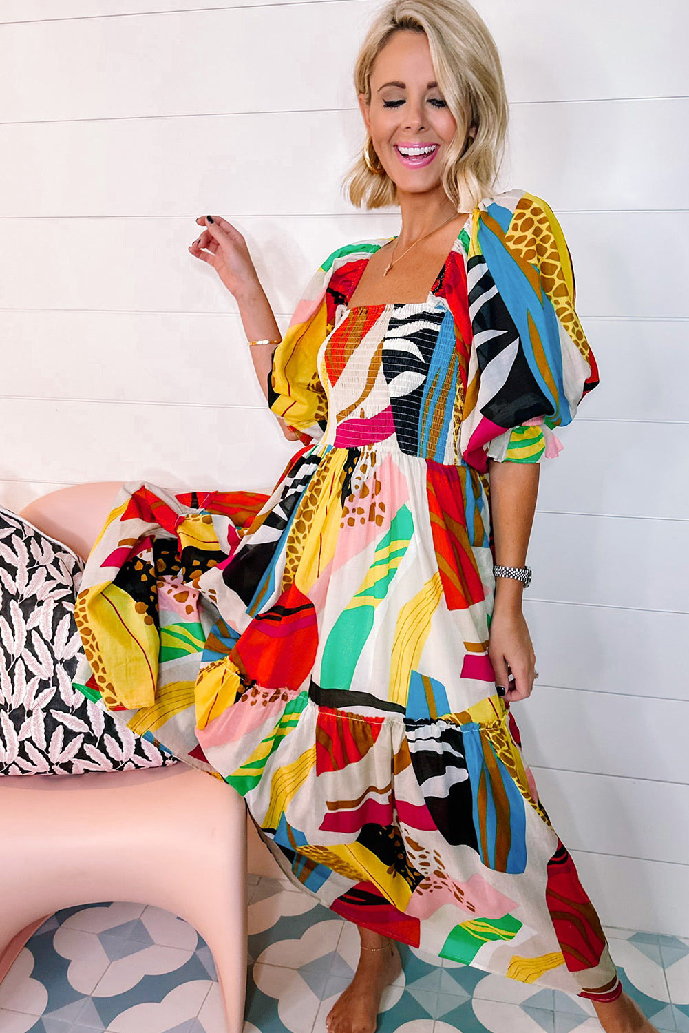Blue Zone Planet | White Square Neck Smocked Abstract Print Boho Maxi Dress Blue Zone Planet