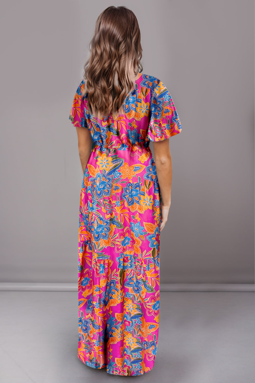 Printed Surplice Short Sleeve Maxi Dress BLUE ZONE PLANET