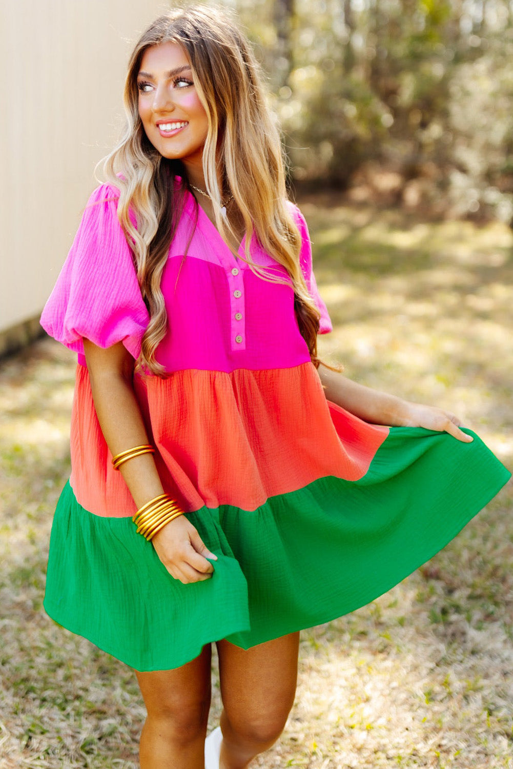 Blue Zone Planet | Multicolor Color Block Tiered Puff Sleeve Dress Blue Zone Planet