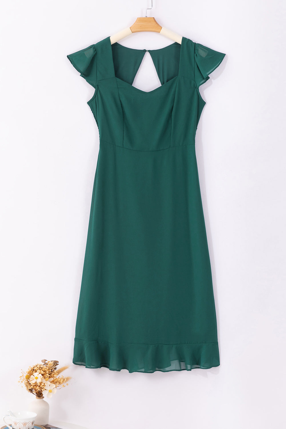 Sea Green Shirred Open Back Sweetheart Neck Ruffled Midi Dress Blue Zone Planet