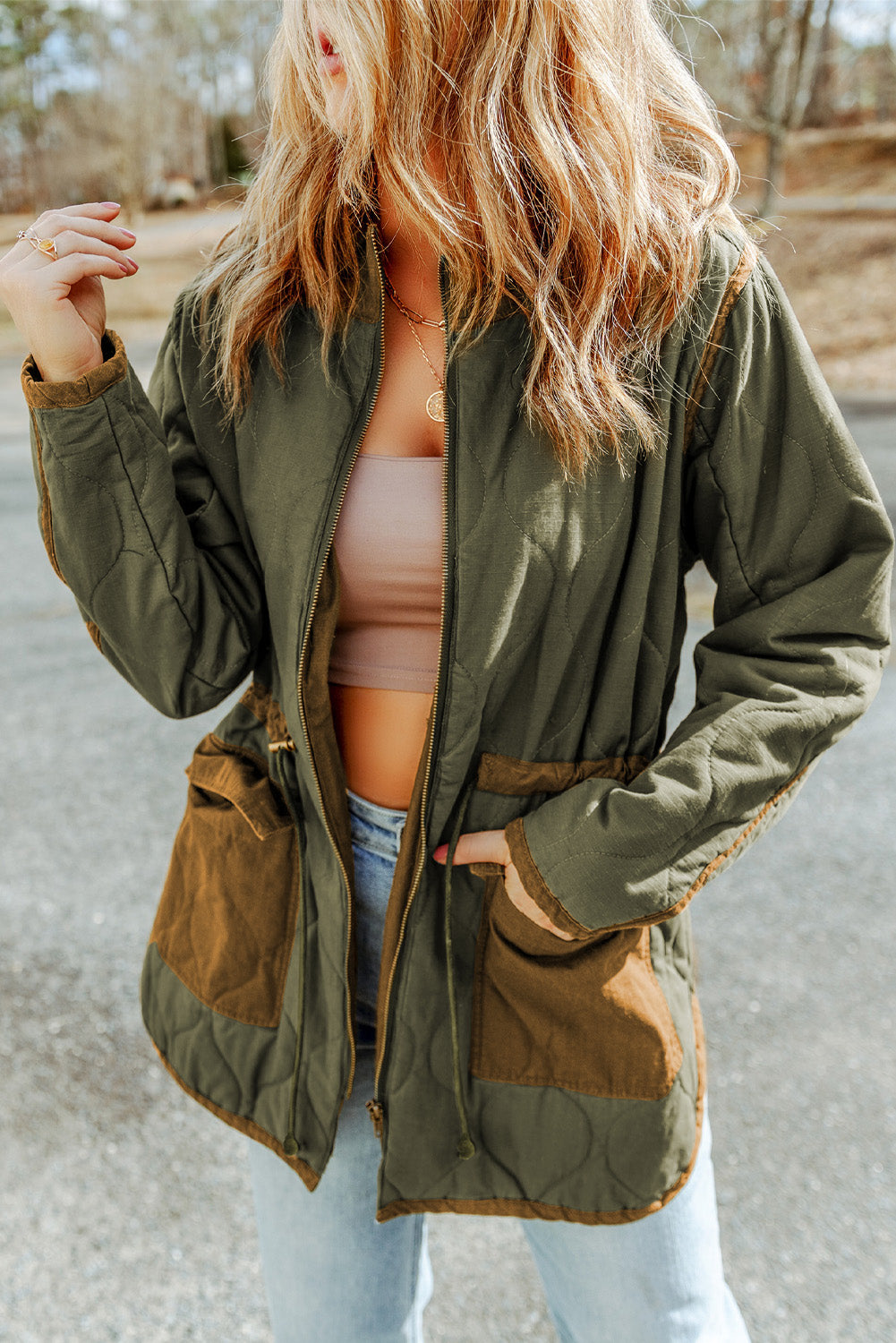 Blue Zone Planet | Green Stitching Quilted Drawstring Jacket Blue Zone Planet