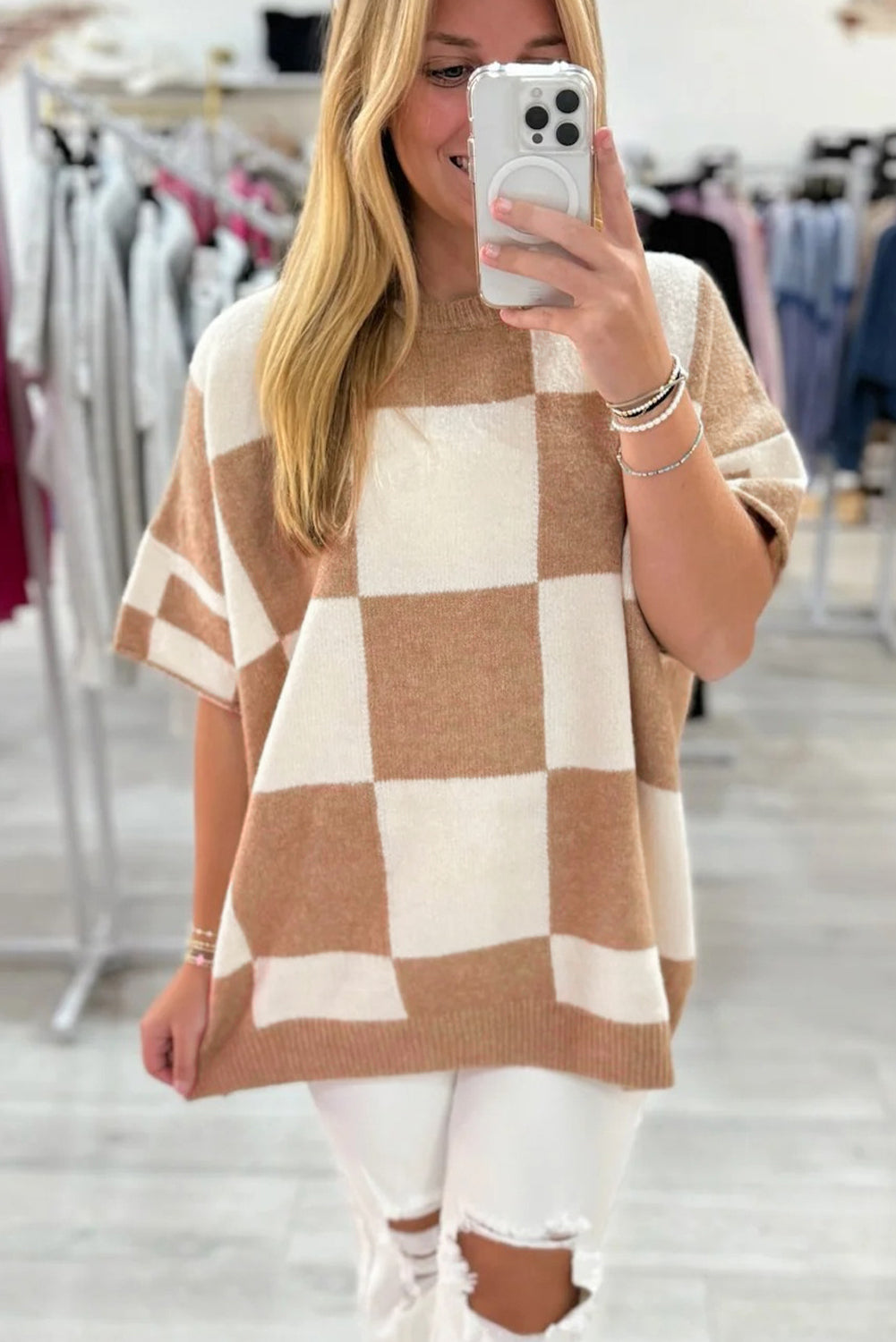 Light French Beige Checkered Pattern Loose Drop Shoulder Half Sleeve Sweater