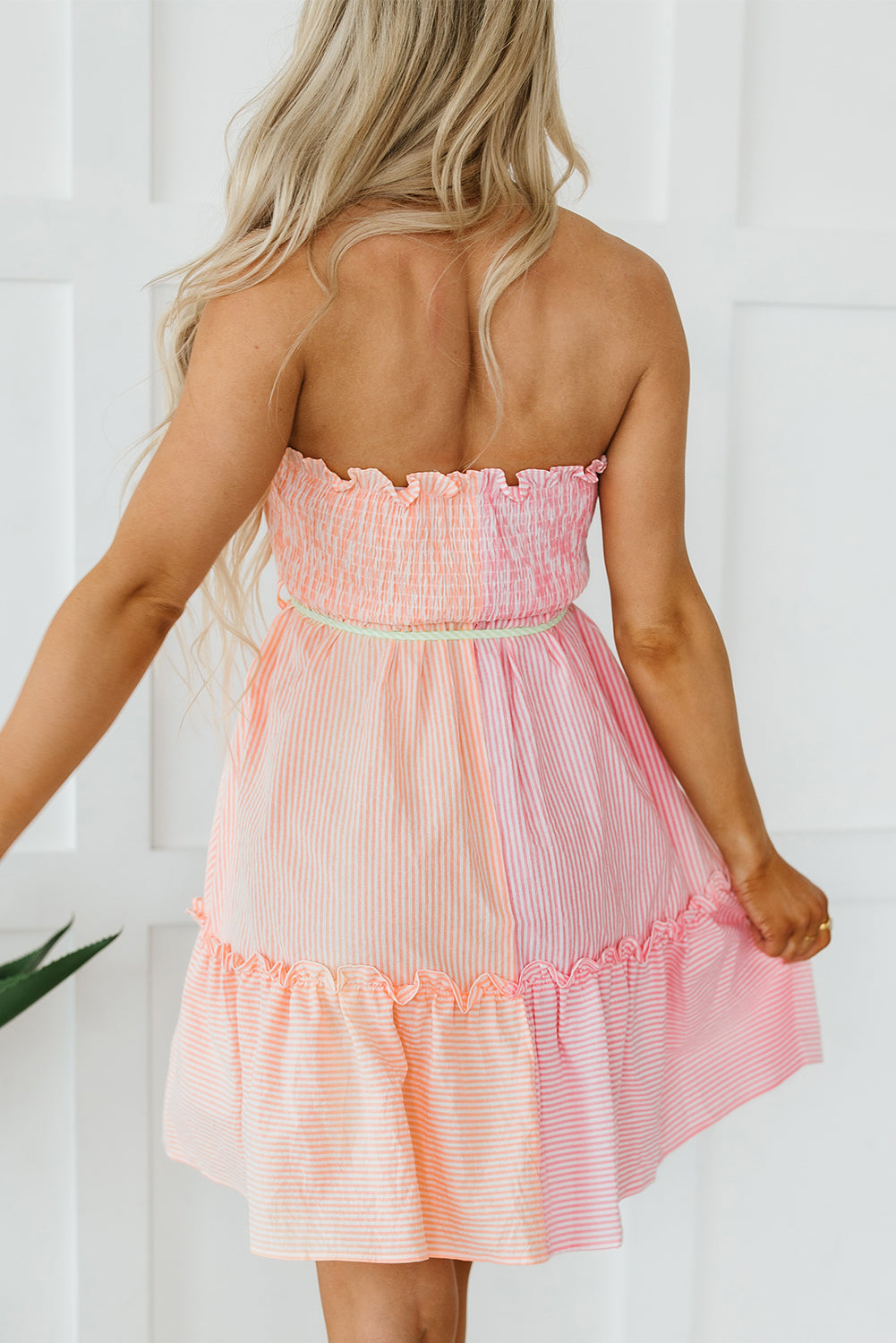 Blue Zone Planet | Pink Stripe Color Block Smocked Button Front Frilled Strapless Mini Dress Blue Zone Planet