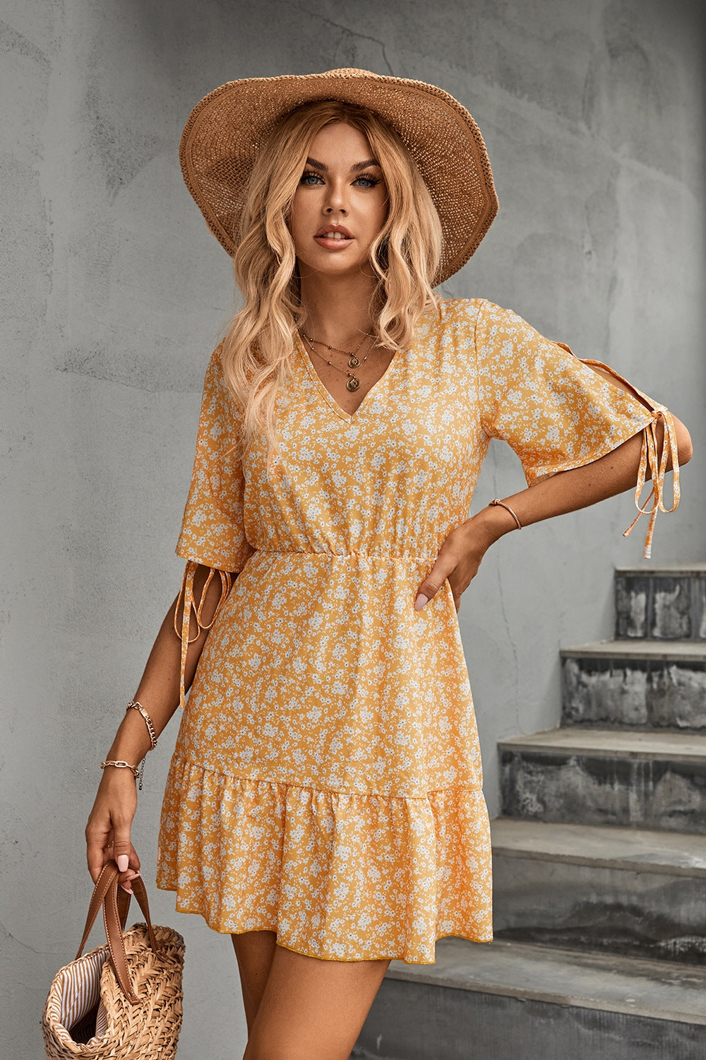 Blue Zone Planet | Ditsy Floral V-Neck Half Sleeve Mini Dress BLUE ZONE PLANET