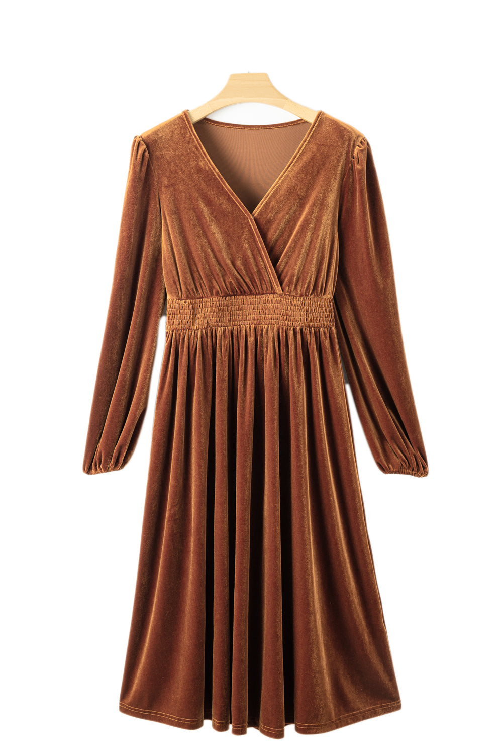 Camel Wrap V Neck Smocked High Waist Velvet Midi Dress Blue Zone Planet