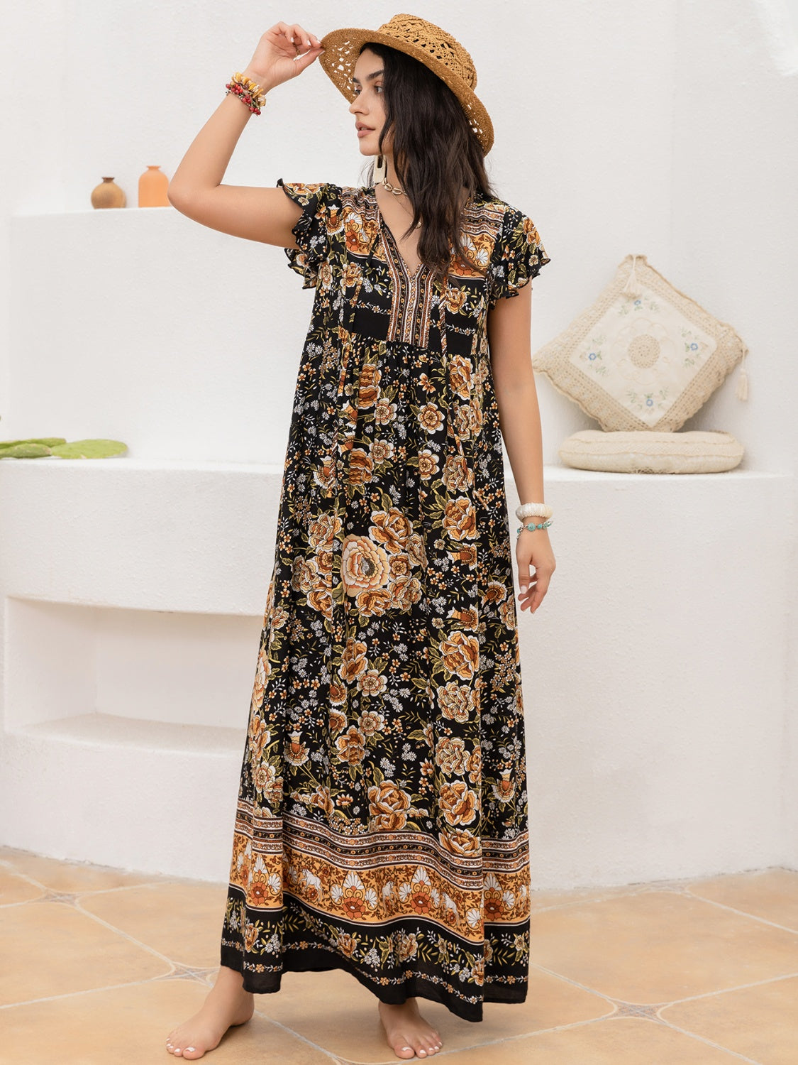Blue Zone Planet | Ruffled Printed Tie Neck Cap Sleeve Dress BLUE ZONE PLANET