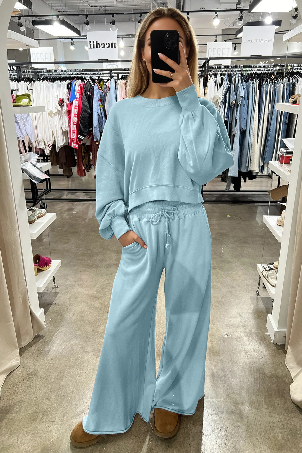 Mist Blue Drop Shoulder Puff Sleeve Crop Pullover Drawstring Wide Leg Pants Set