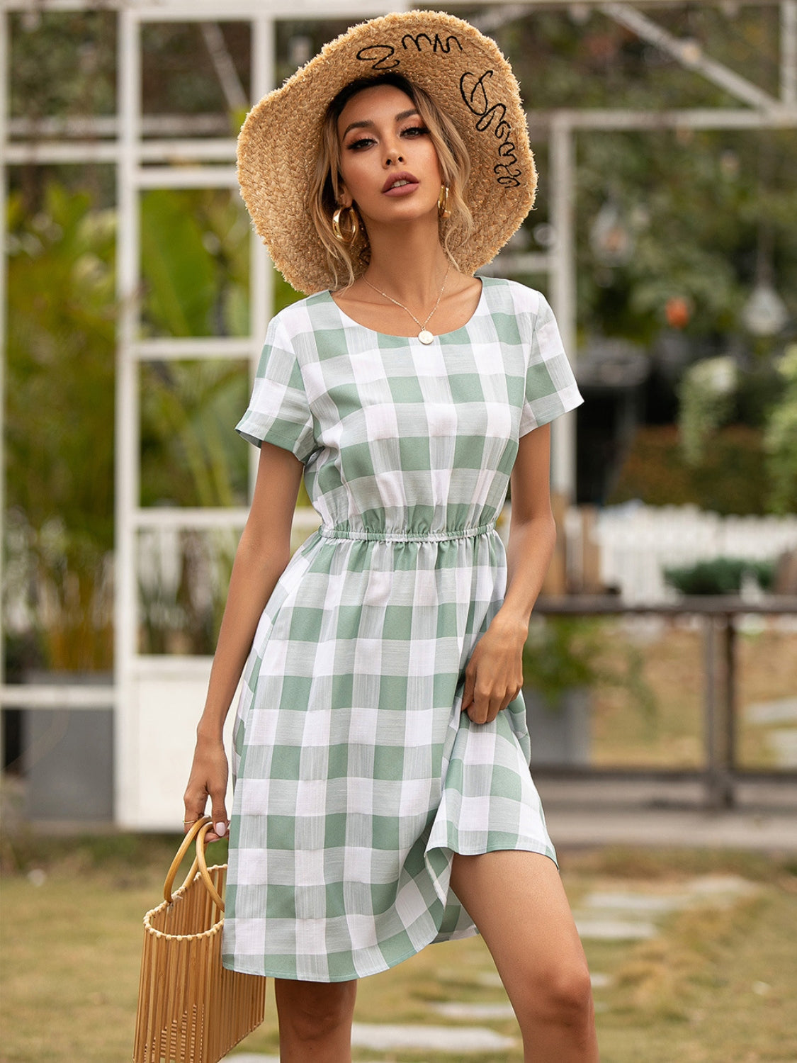 Blue Zone Planet | Smocked Plaid Round Neck Short Sleeve Dress BLUE ZONE PLANET