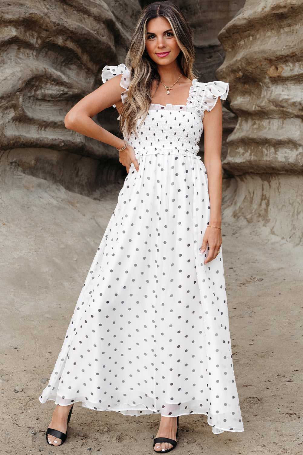 White Polka Dot Flutter Sleeve Square Neck Smocked Maxi Dress by Blue Zone Planet