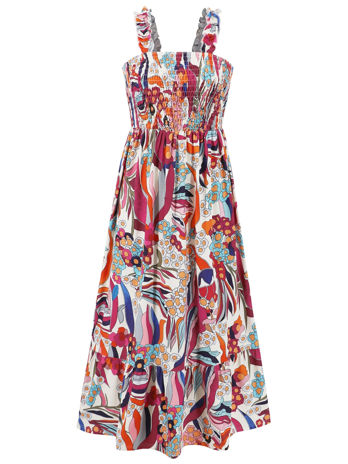 Smocked Printed Square Neck Sleeveless Dress BLUE ZONE PLANET