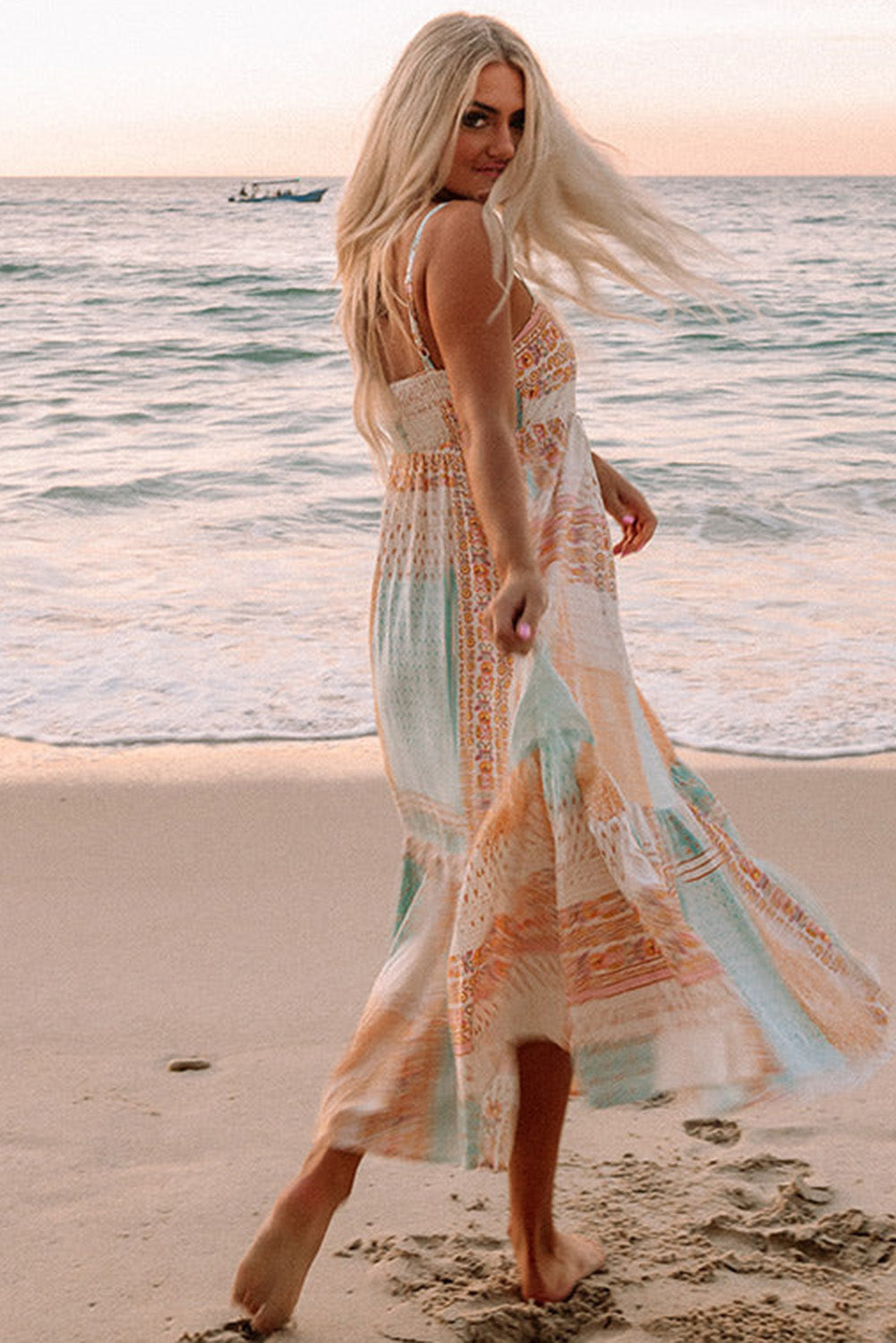 Anna's Multicolor Boho Patchwork Print Square Neck Sundress Blue Zone Planet
