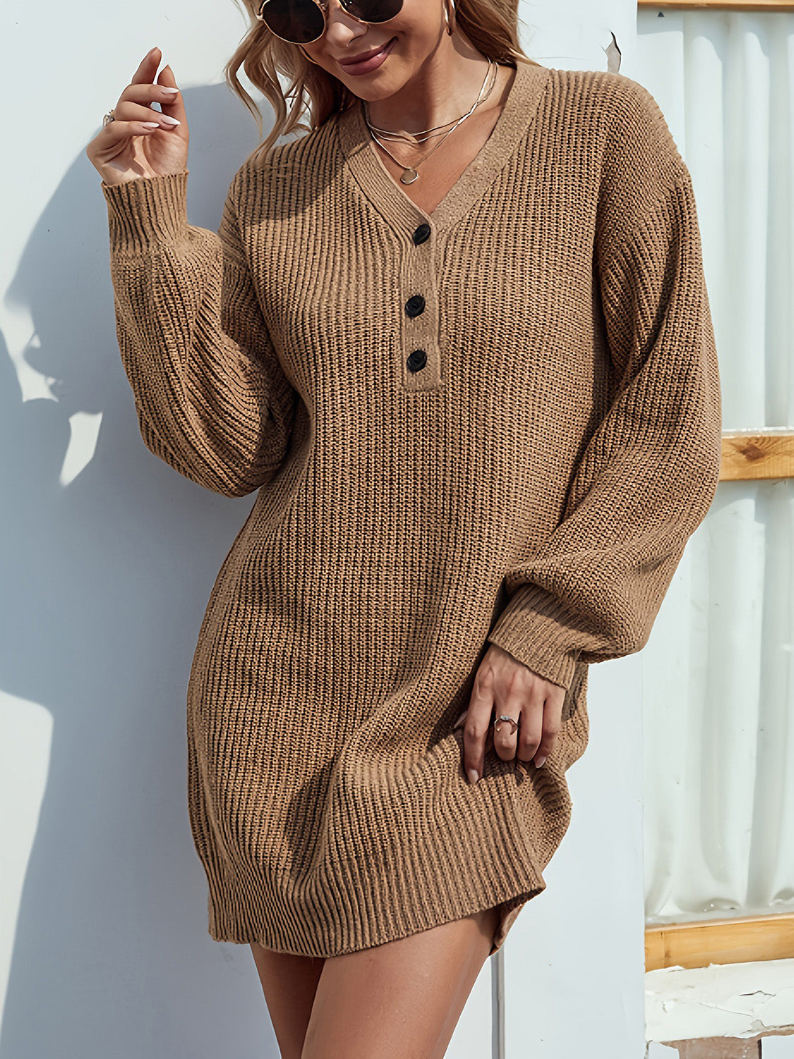 Blue Zone Planet | V-Neck Dropped Shoulder Mini Sweater Dress BLUE ZONE PLANET