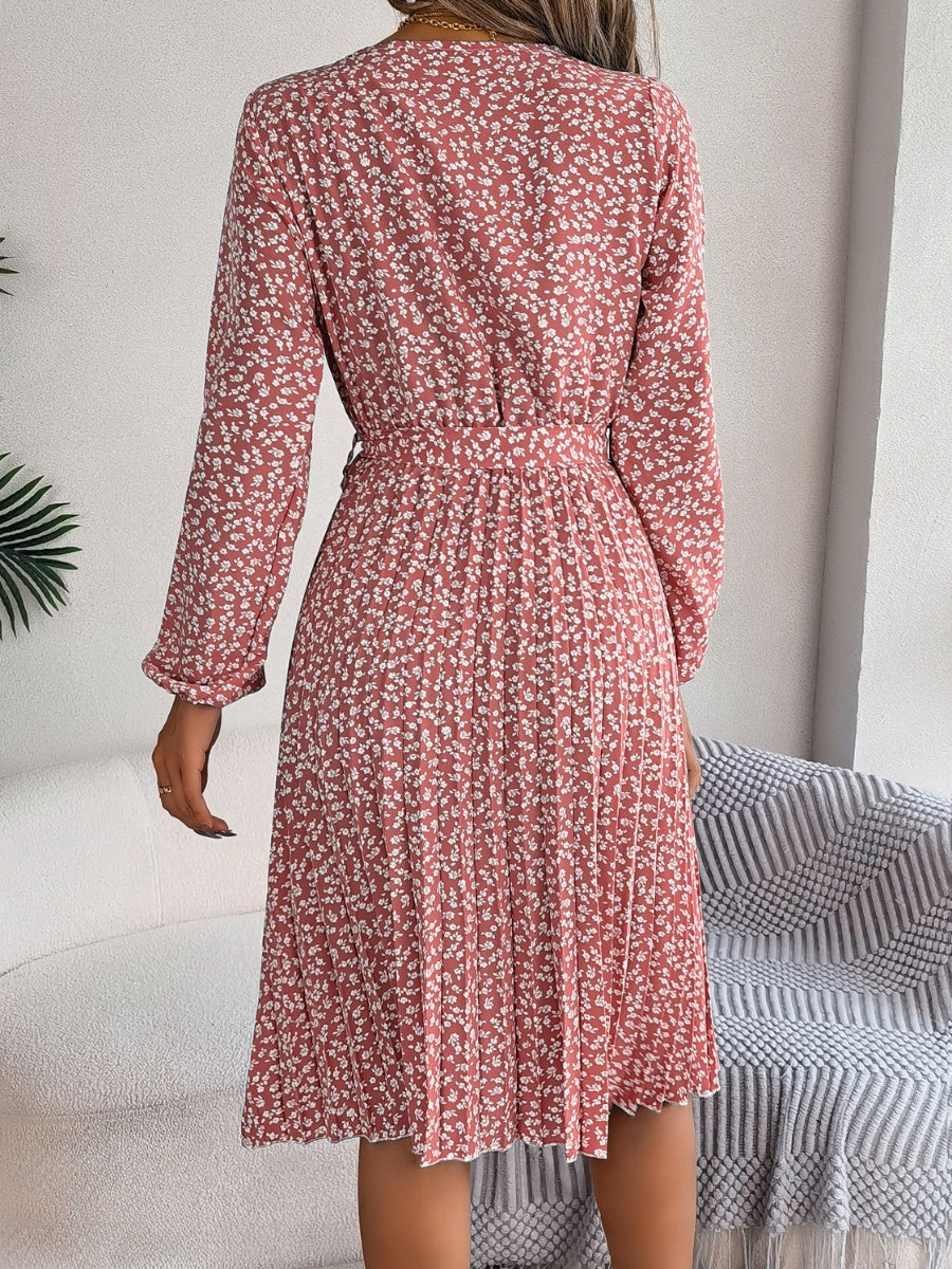Ditsy Floral Tie Waist Pleated Dress BLUE ZONE PLANET