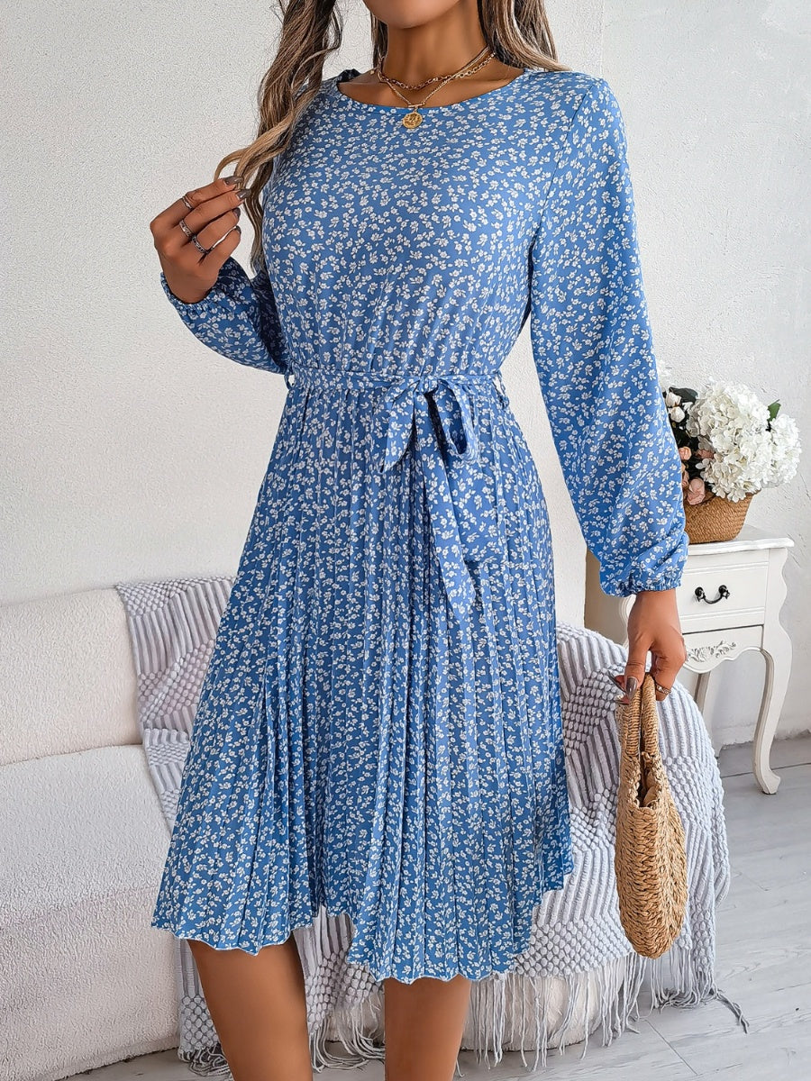 Ditsy Floral Tie Waist Pleated Dress BLUE ZONE PLANET