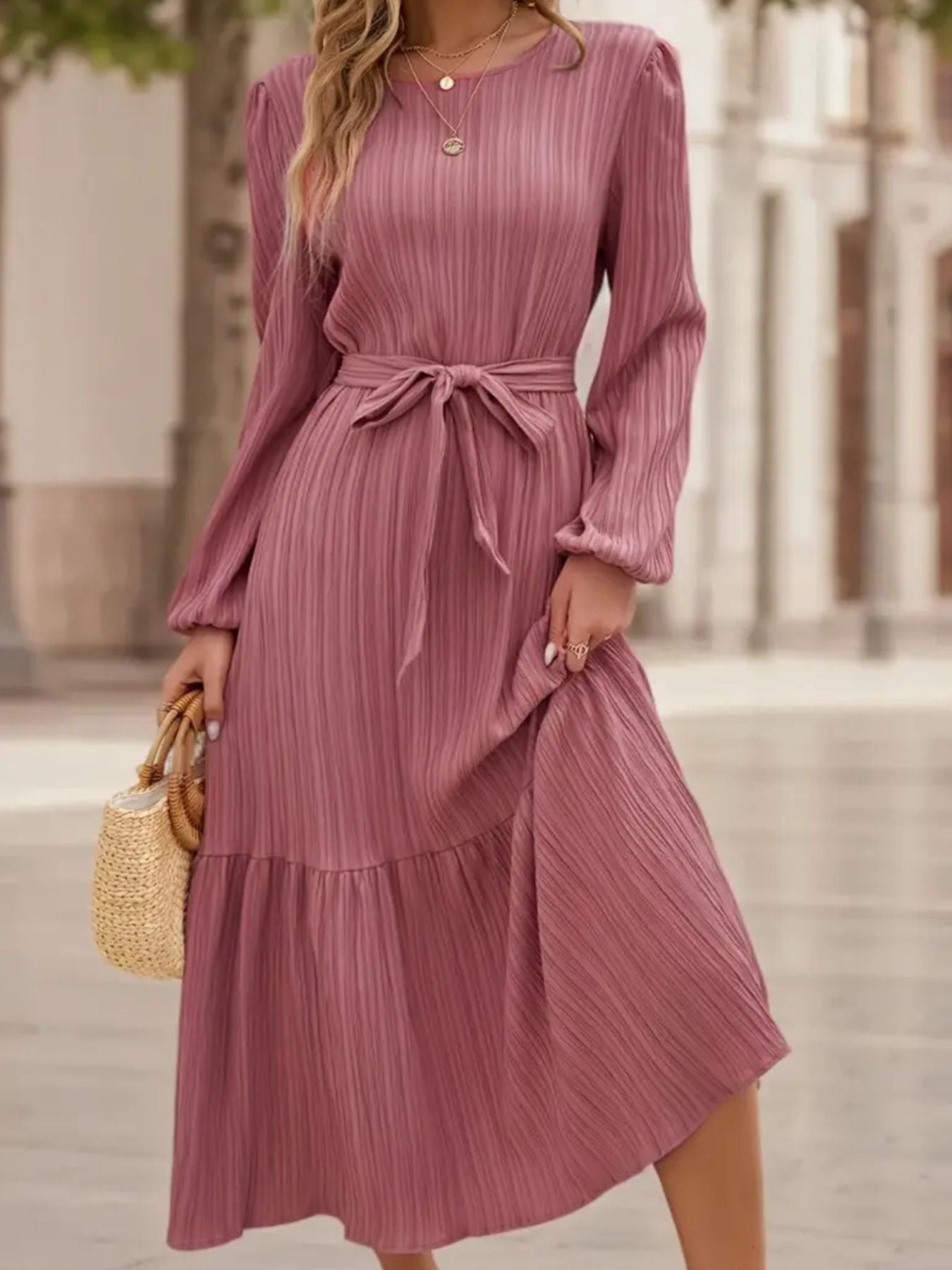 Tie Waist Tiered Midi Dress – Blue Zone Planet