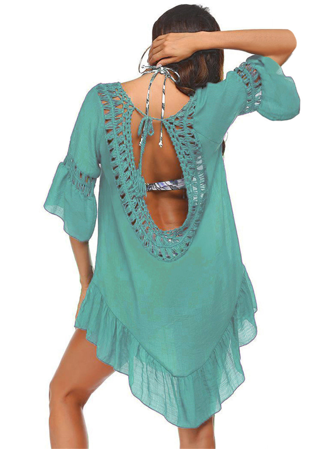 Blue Zone Planet |  Linda's Bohemian Backless Cutout Three-Quarter Sleeve Cover-Up BLUE ZONE PLANET