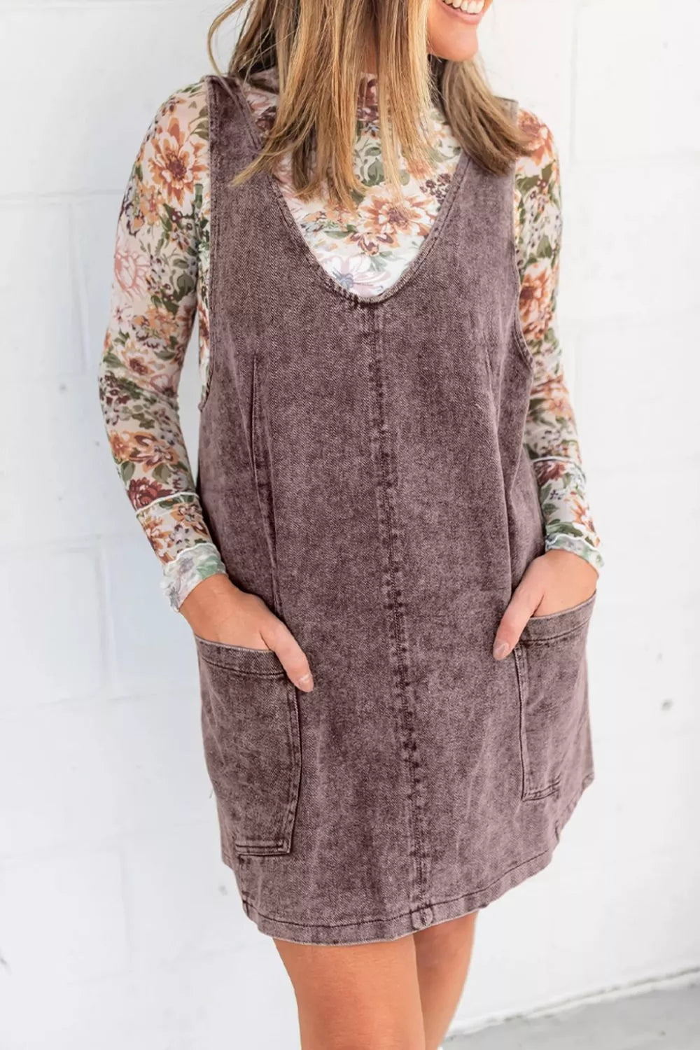 Vintage Wash Denim Overall Dress Taupe / L by Blue Zone Planet