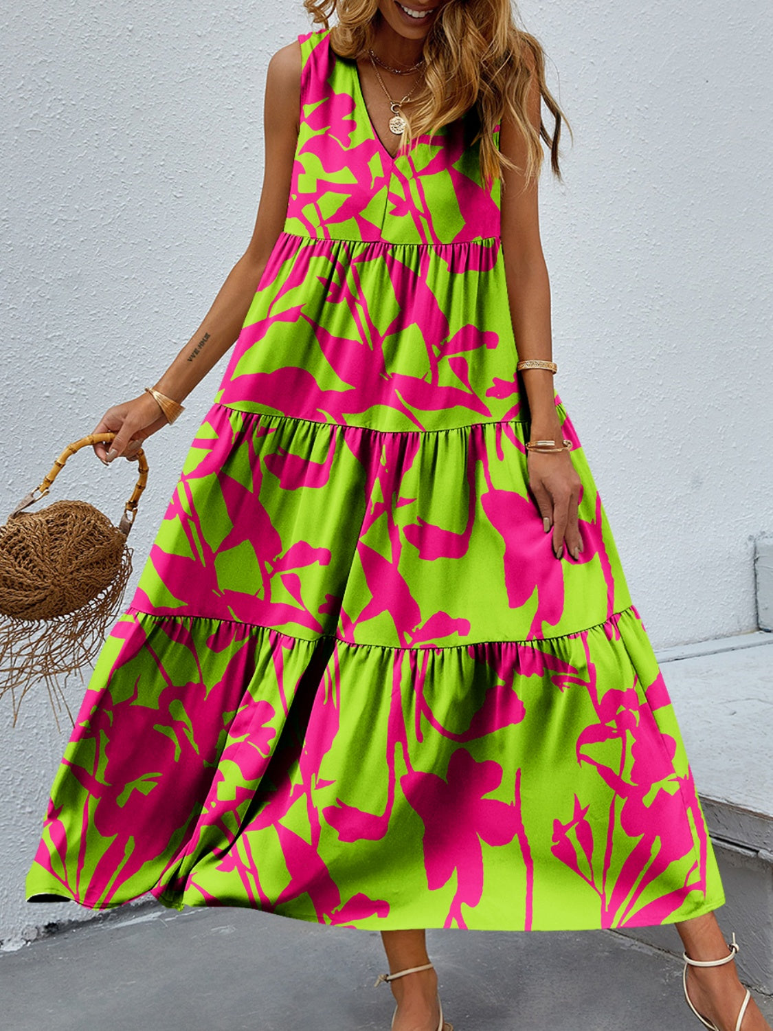 Tiered Printed V-Neck Sleeveless Dress BLUE ZONE PLANET