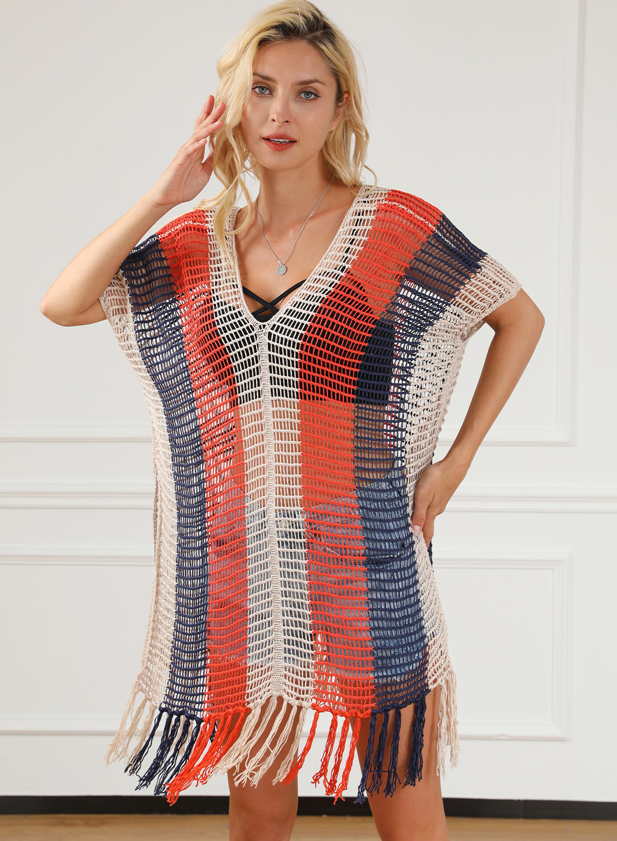 Blue Zone Planet | Multicolor Striped Tassel Crochet V Neck Beach Cover Up Blue Zone Planet