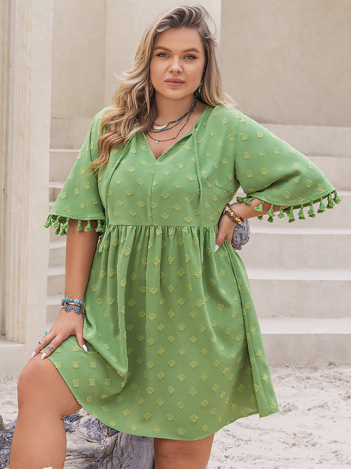 Plus Size Tied Tassel Half Sleeve Mini Dress Lime / 3XL