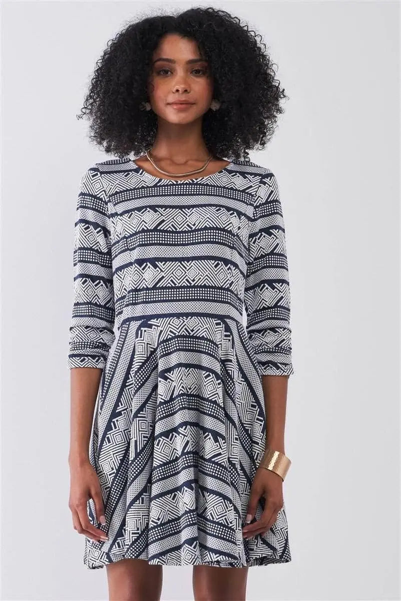 Multi Print Round Neck 3/4 Sleeve A-line Mini Dress Blue Zone Planet