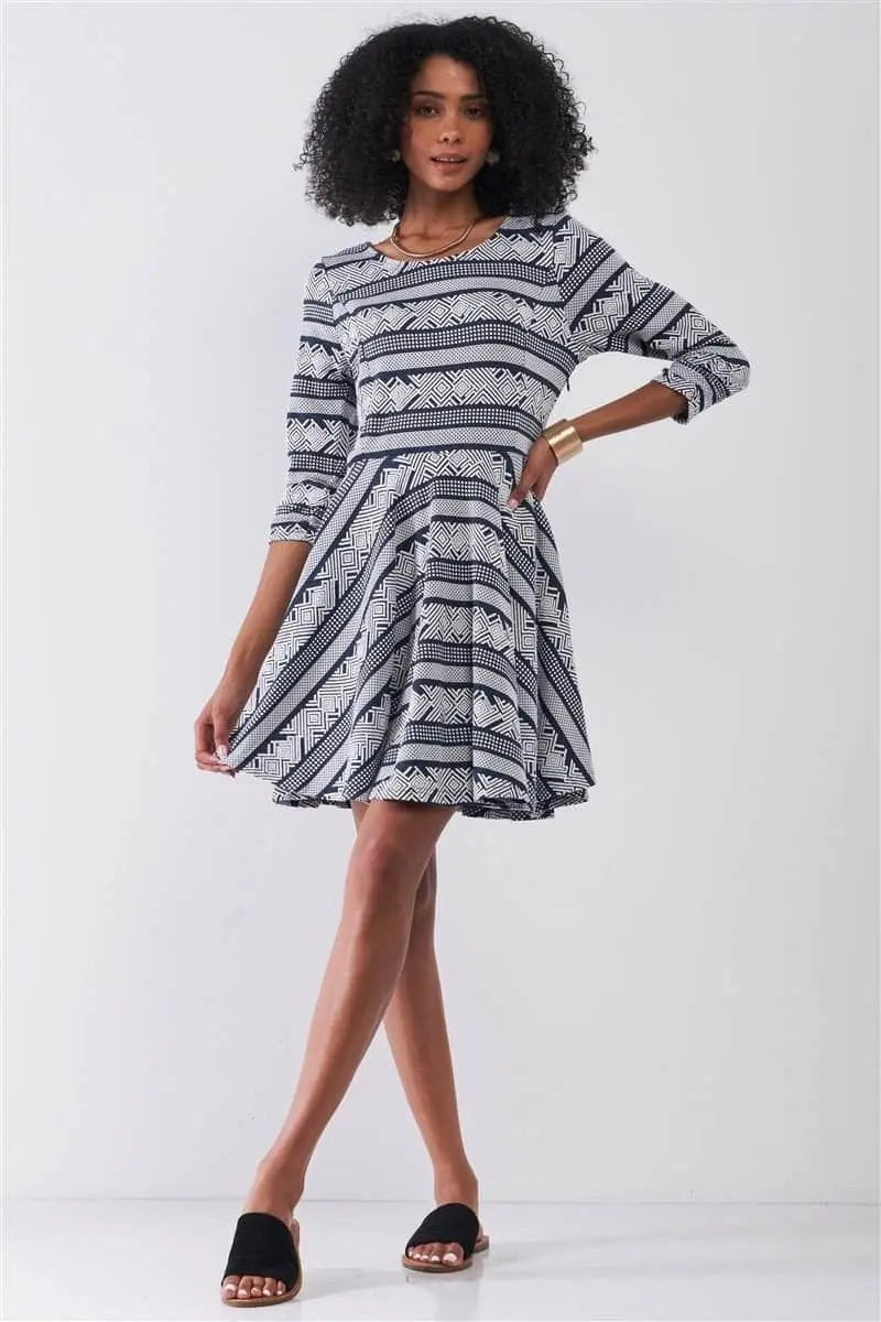 Multi Print Round Neck 3/4 Sleeve A-line Mini Dress Blue Zone Planet