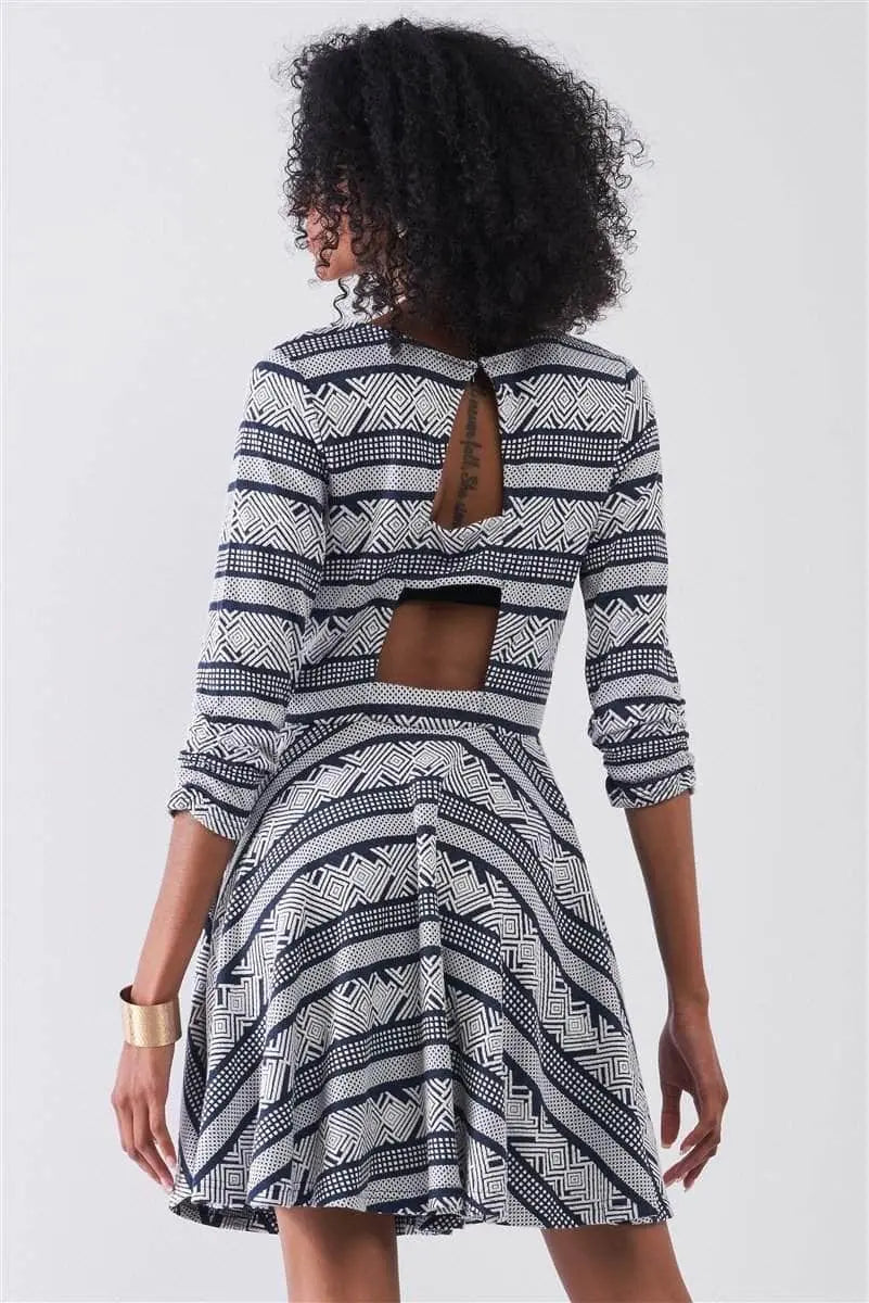 Multi Print Round Neck 3/4 Sleeve A-line Mini Dress Blue Zone Planet