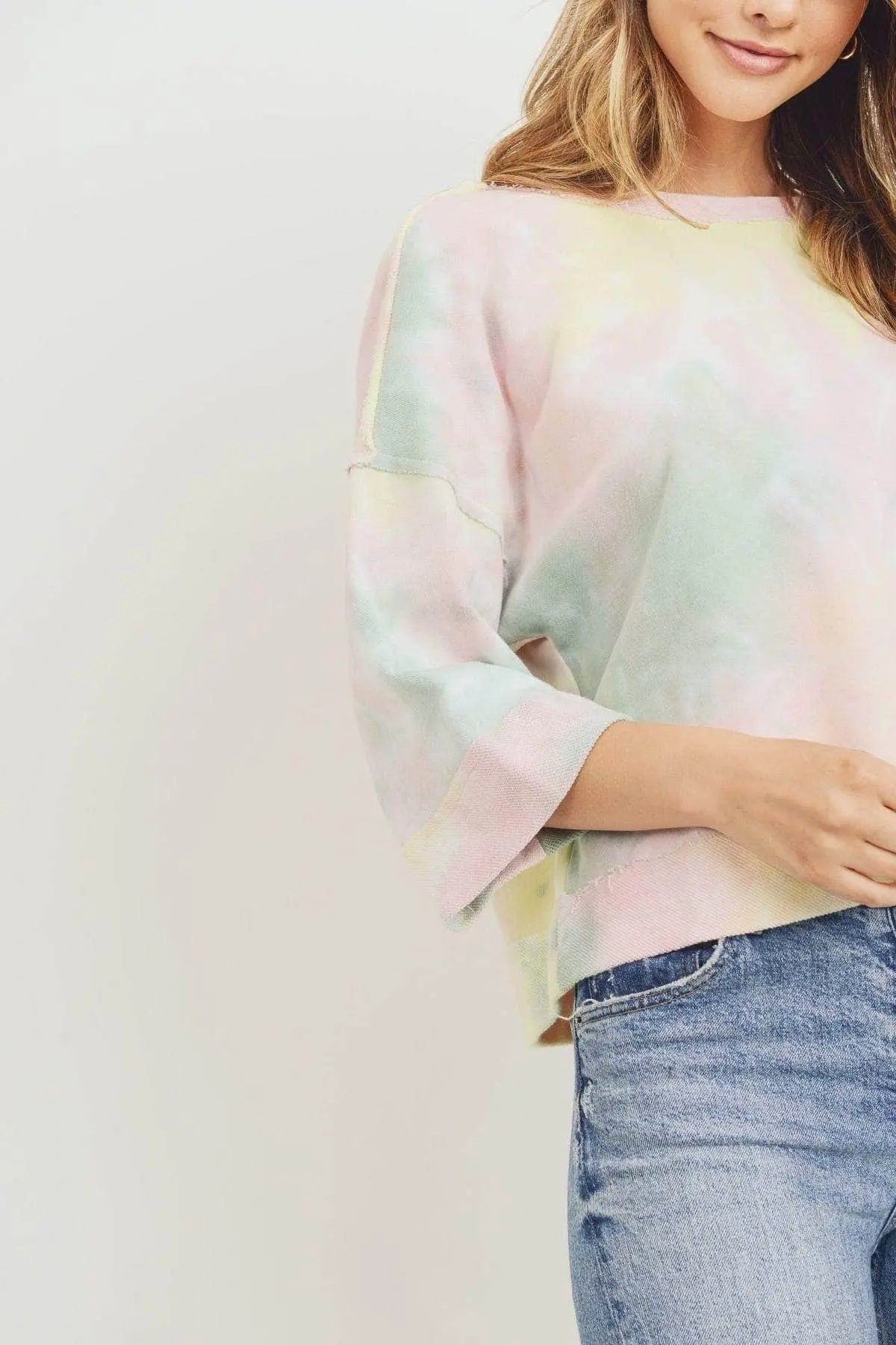 Tie Dyed 3/4 Sleeve Round Neck Top Blue Zone Planet
