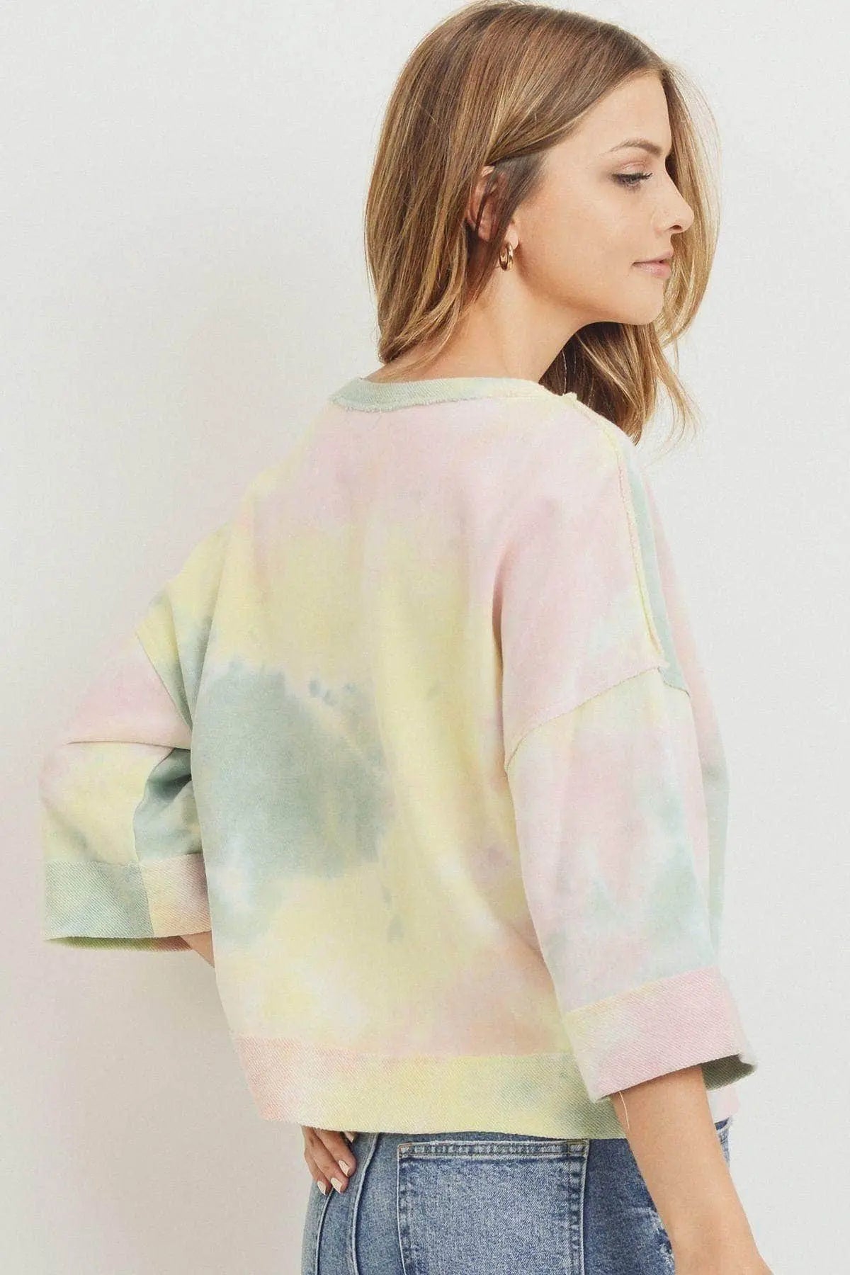Tie Dyed 3/4 Sleeve Round Neck Top Blue Zone Planet