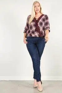 V-Neckline Plaid 3/4 Sleeve Top with Hi-Lo Hem Blue Zone Planet