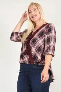 V-Neckline Plaid 3/4 Sleeve Top with Hi-Lo Hem Blue Zone Planet