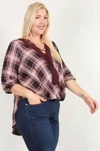 V-Neckline Plaid 3/4 Sleeve Top with Hi-Lo Hem Blue Zone Planet