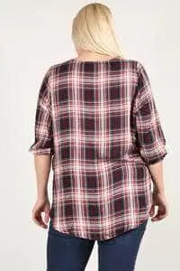 V-Neckline Plaid 3/4 Sleeve Top with Hi-Lo Hem Blue Zone Planet