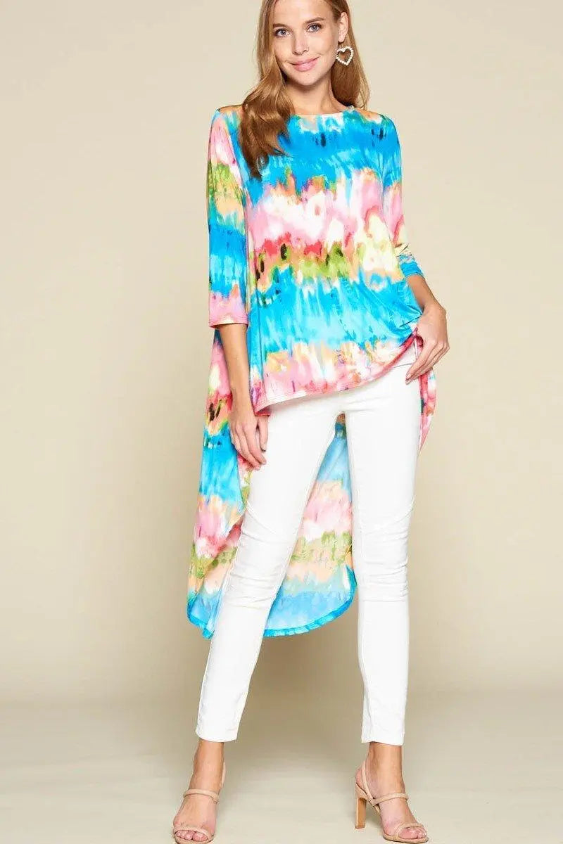 Tie-Dye Venechia High Low Fashion Top With 3/4 Sleeves Blue Zone Planet