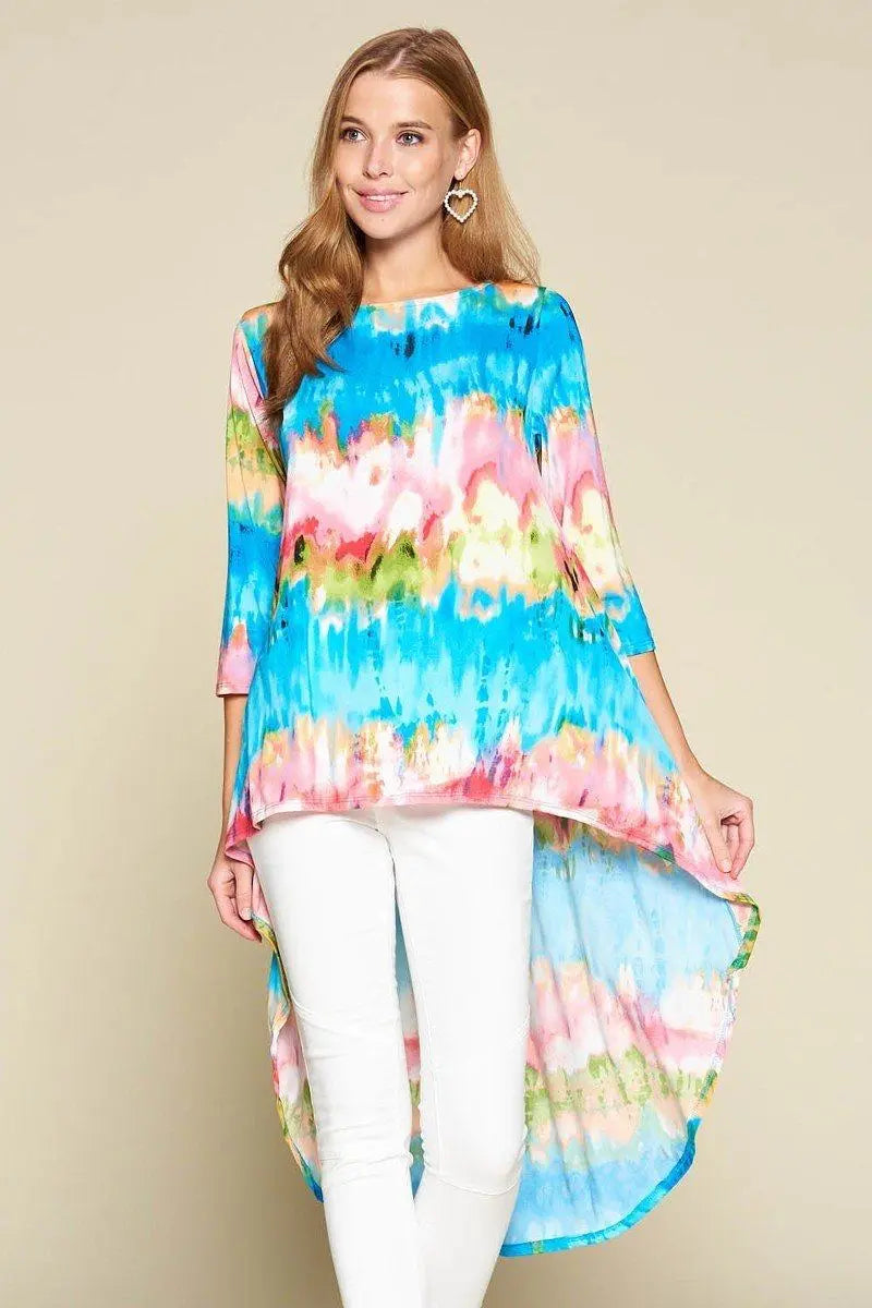 Tie-Dye Venechia High Low Fashion Top With 3/4 Sleeves Blue Zone Planet