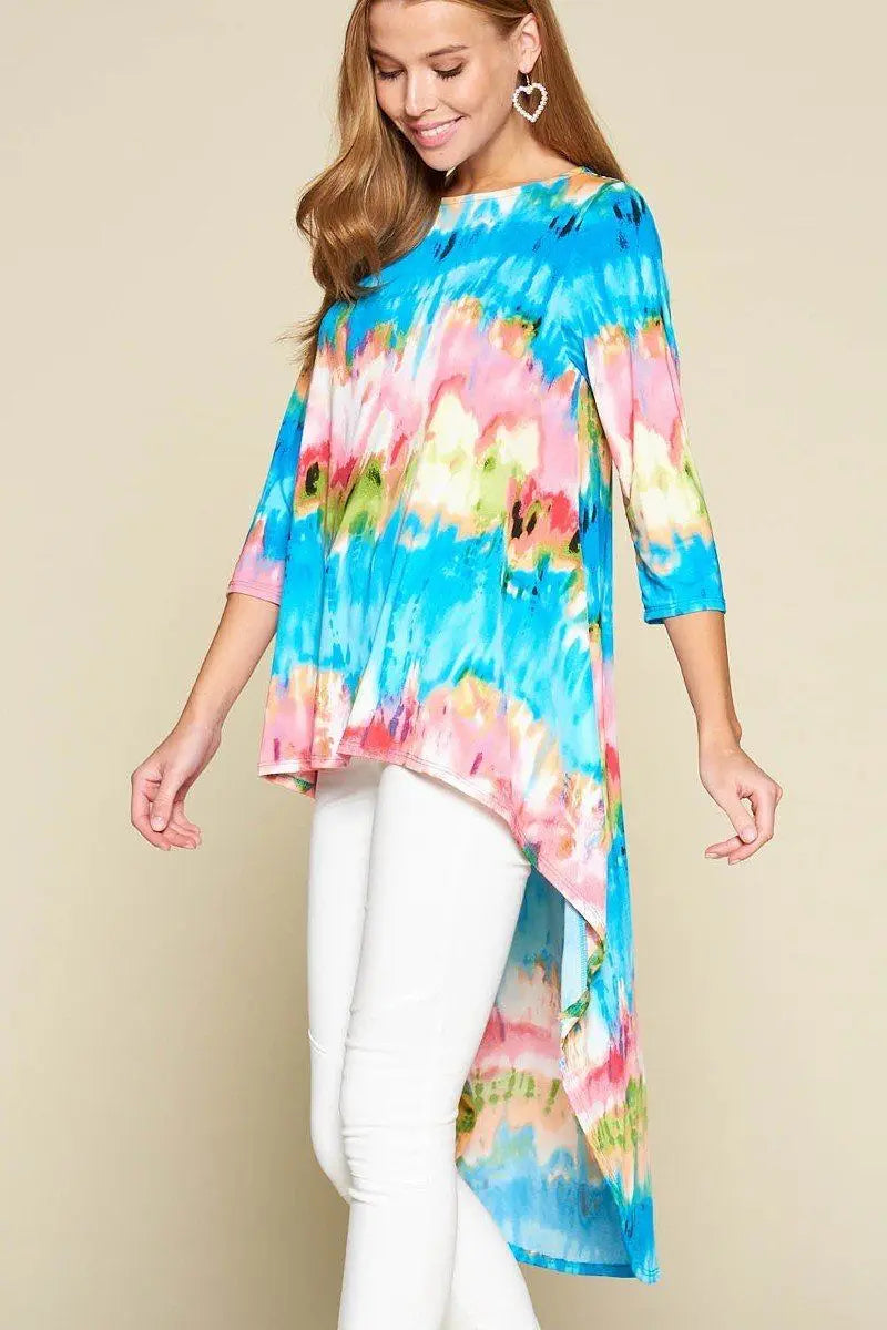 Tie-Dye Venechia High Low Fashion Top With 3/4 Sleeves Blue Zone Planet