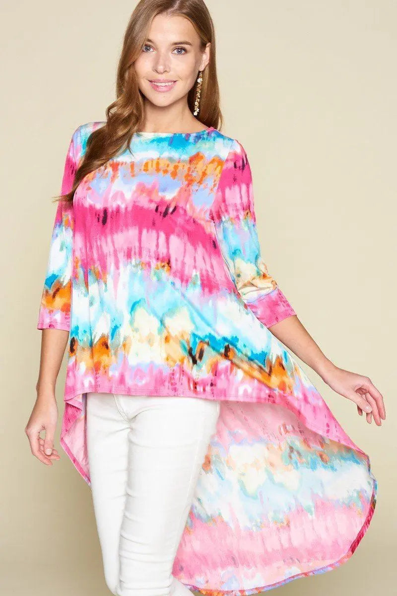 Tie-Dye Venechia High Low Fashion Top With 3/4 Sleeves Blue Zone Planet