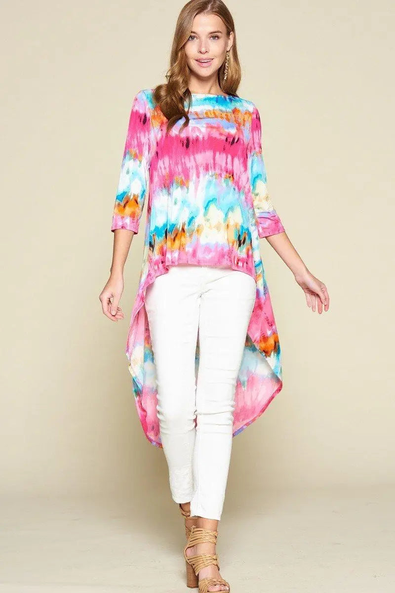 Tie-Dye Venechia High Low Fashion Top With 3/4 Sleeves Blue Zone Planet