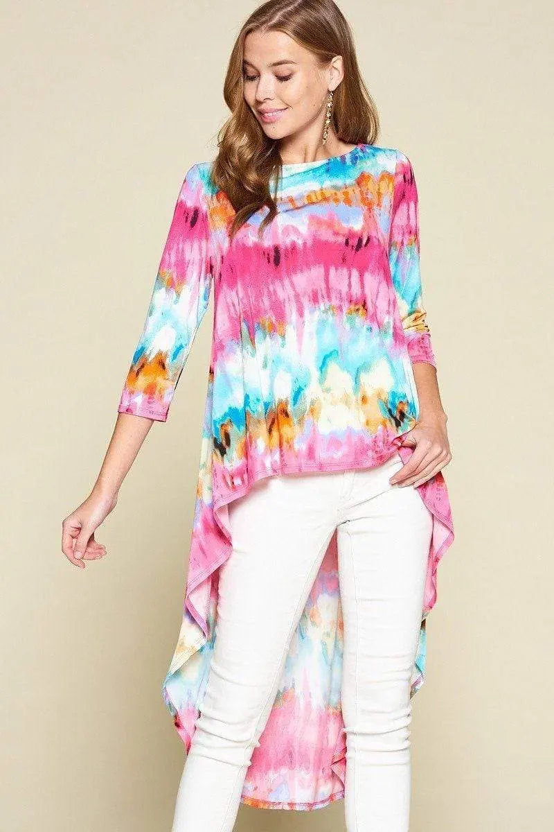 Tie-Dye Venechia High Low Fashion Top With 3/4 Sleeves Blue Zone Planet
