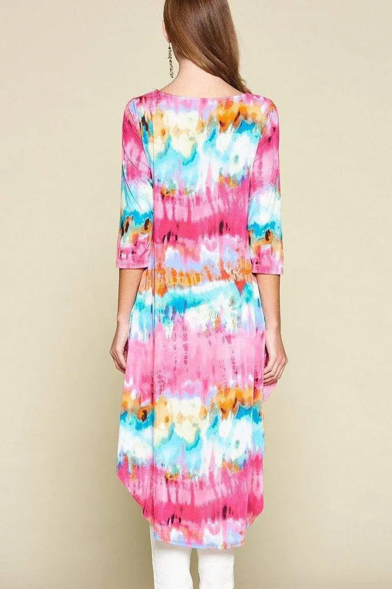 Tie-Dye Venechia High Low Fashion Top With 3/4 Sleeves Blue Zone Planet