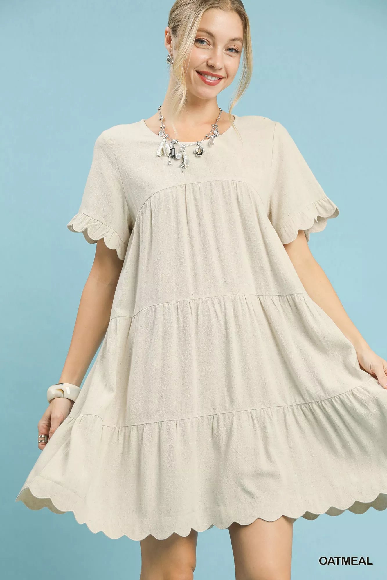 Linen Tiered Babydoll Dress with Ruffle Sleeves Linen Tiered Babydoll Dress with Ruffle Sleeves