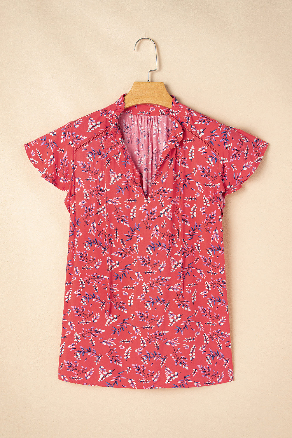 Red Floral Tie Split Neck Short Flounce Sleeve Crinkled Blouse