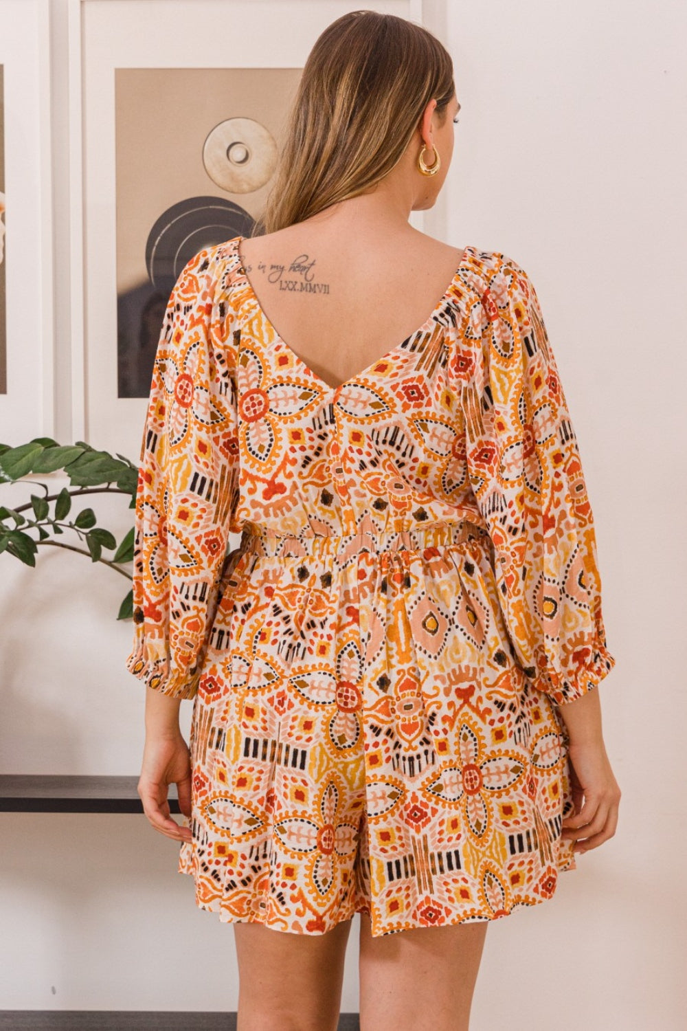 Blue Zone Planet | ODDI Full Size Printed Ruff Sleeve Romper with Pockets BLUE ZONE PLANET
