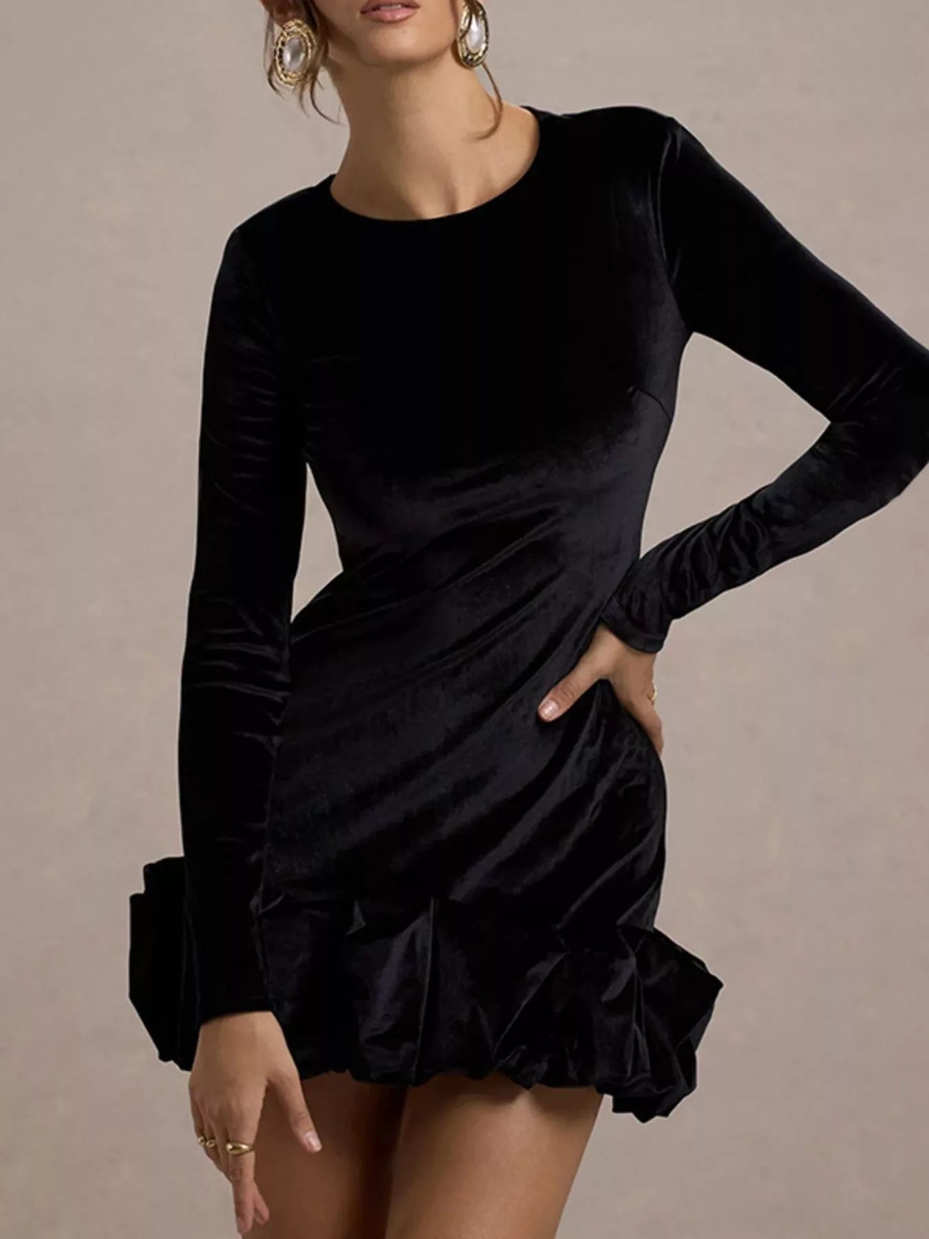 velvet ruched dress long sleeve Velvet Ruched Hem Long Sleeve Dress Black / M by Blue Zone Planet
